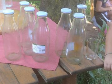 Leere Apfelsaftflaschen auf einem Tisch, im Schatten der Bäume.