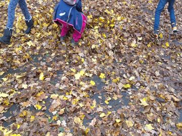 Die Kinder spielen draußen im Blätterhaufen