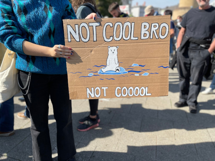 Demoplakat mit illustriertem Eisbär und dem Titel "Not cool bro, not cooool"