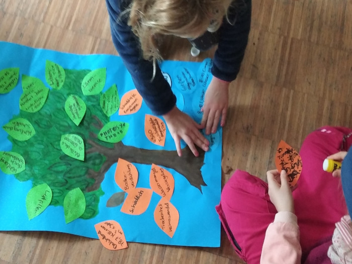 Auf dem Bild sieht man zwei Kinder die gebastelte Blätter von Funktionen von Bäumen auf dem Plakat aufkleben